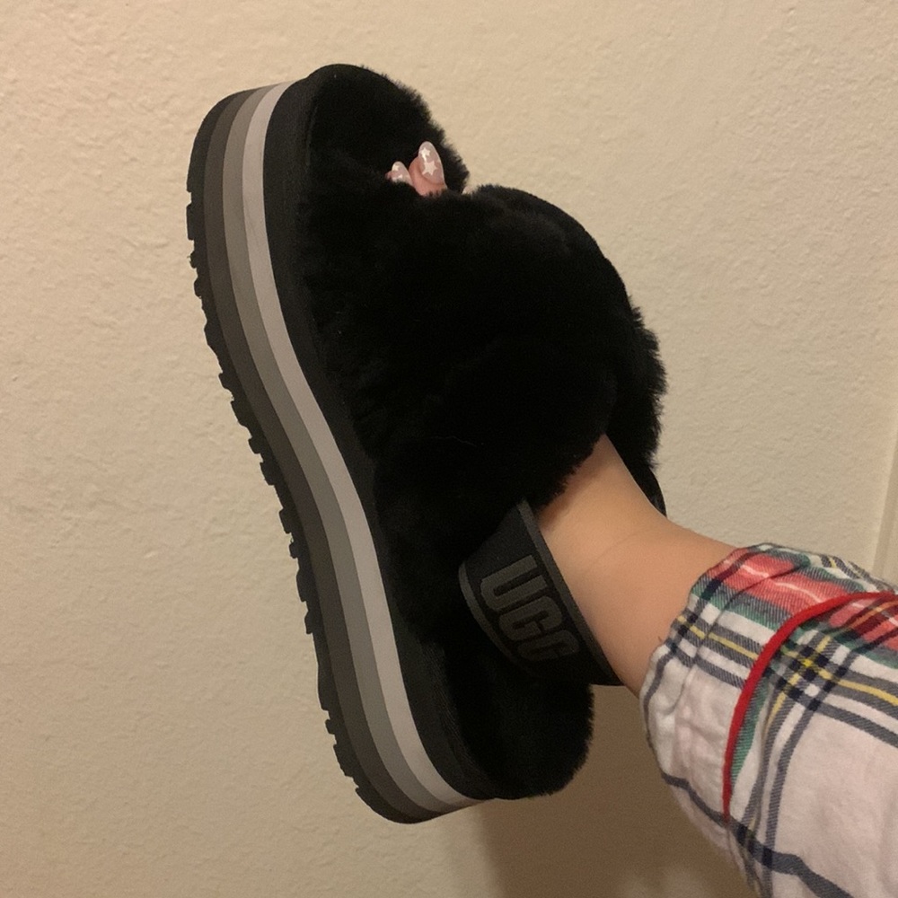 Ugg Platform Fluffy Black Crossover Slide Slippers - image 3